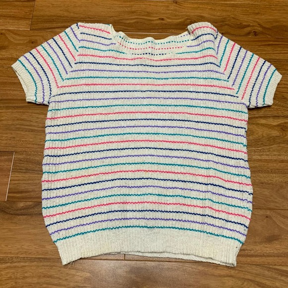 Vintage Sweaters - VTG 80s 90s 100% cotton short rainbow sleeve striped knit sweater MEDIUM